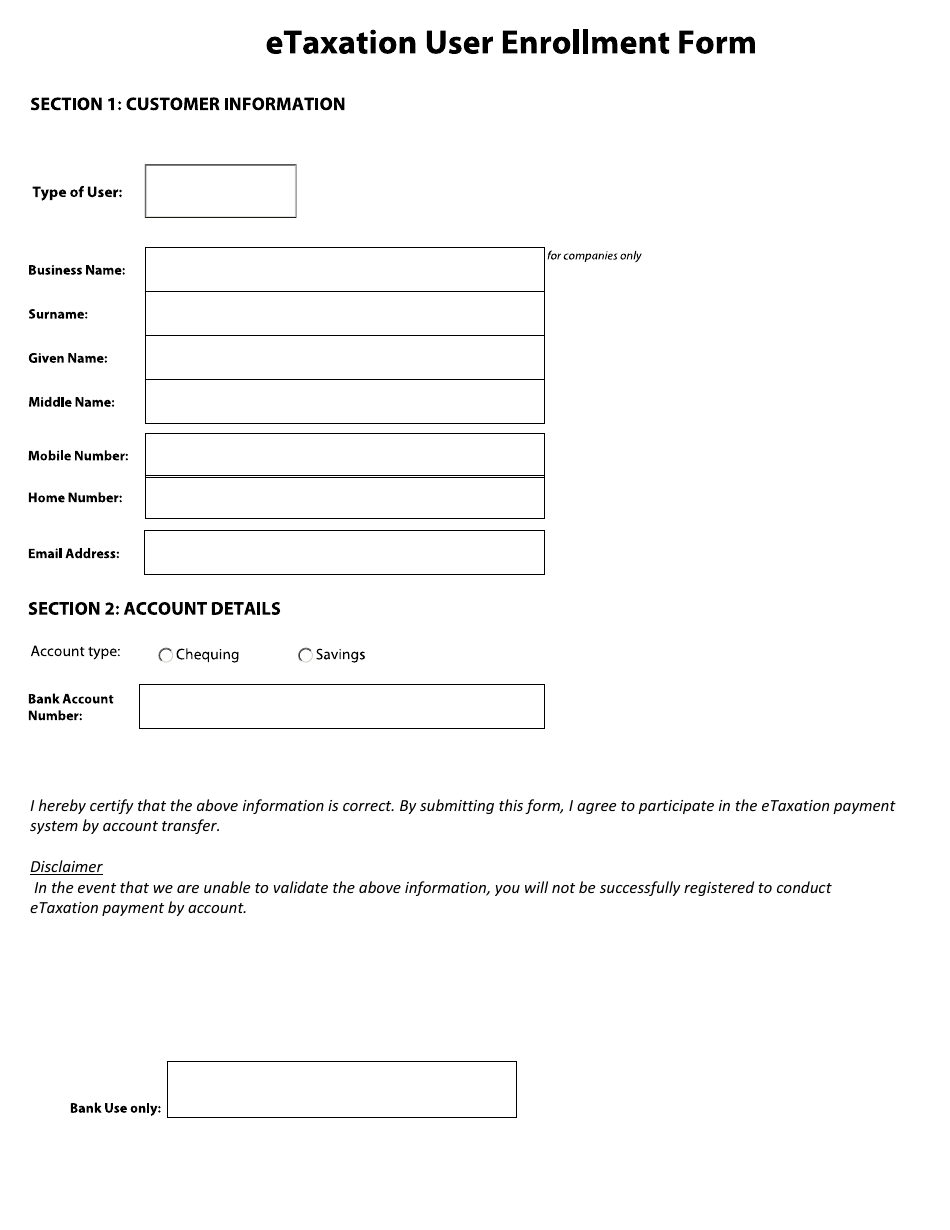 Etaxation User Enrollment Form - Grenada Co-operative Bank Limited, Page 1