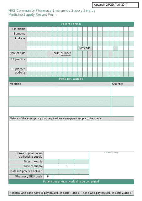 Medicine Supply Record Form - Nhs Community Pharmacy Emergency Supply Service - United Kingdom