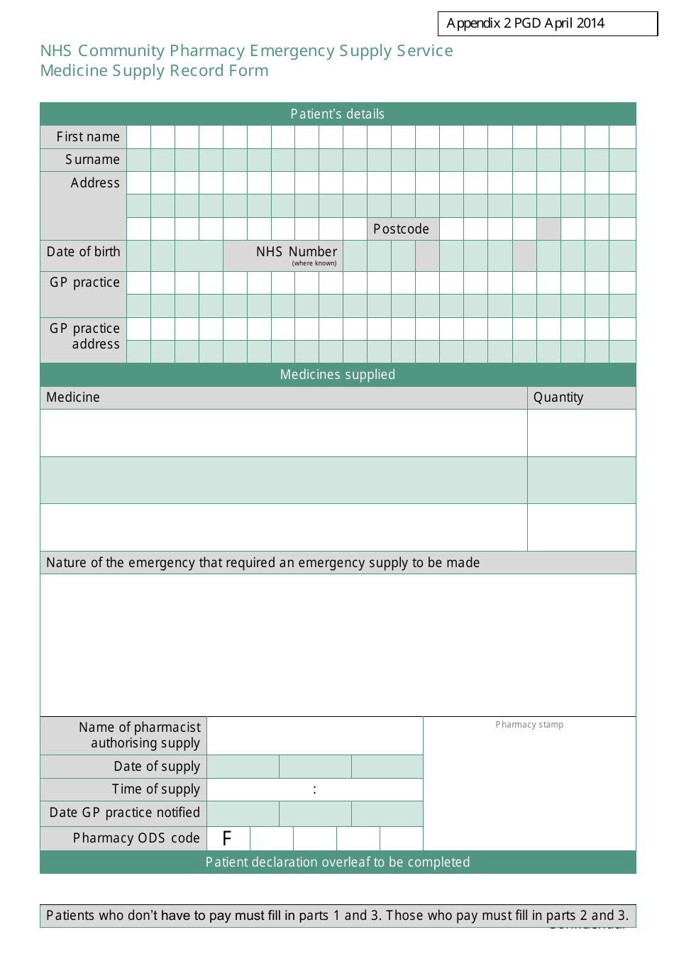 Medicine Supply Record Form - Nhs Community Pharmacy Emergency Supply Service - United Kingdom, Page 1