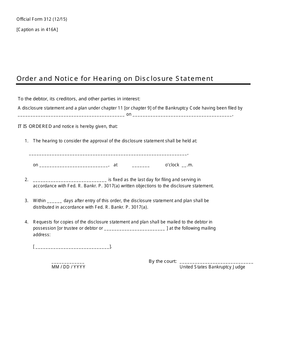 Official Form 312 Order and Notice for Hearing on Disclosure Statement, Page 1