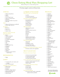 Document preview: Clean Eating Meal Plan Shopping List Template - Emeals