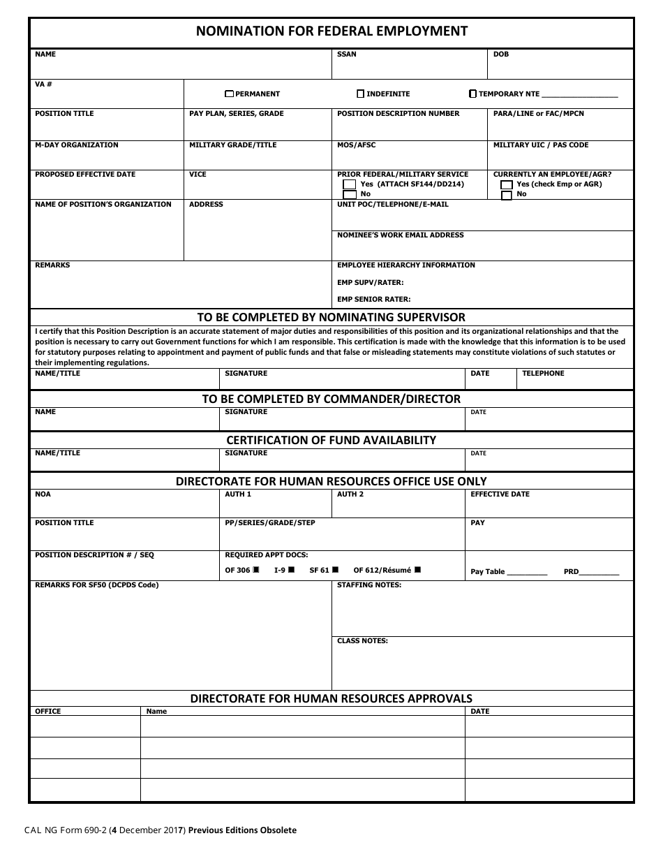 Form 690-2 Nomination for Federal Employment - California, Page 1