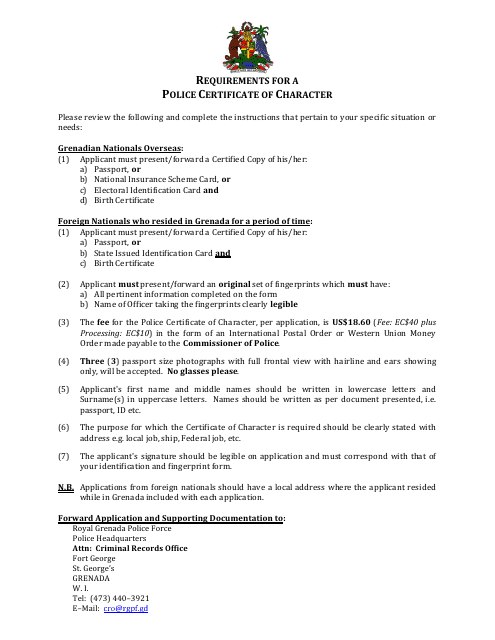 Application for Police Certificate of Character - Grenada Download Pdf