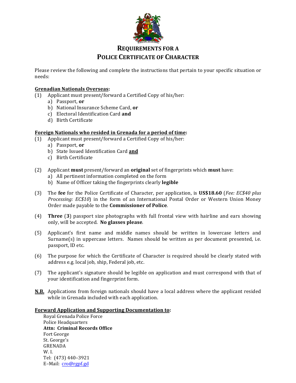 Application for Police Certificate of Character - Grenada, Page 1