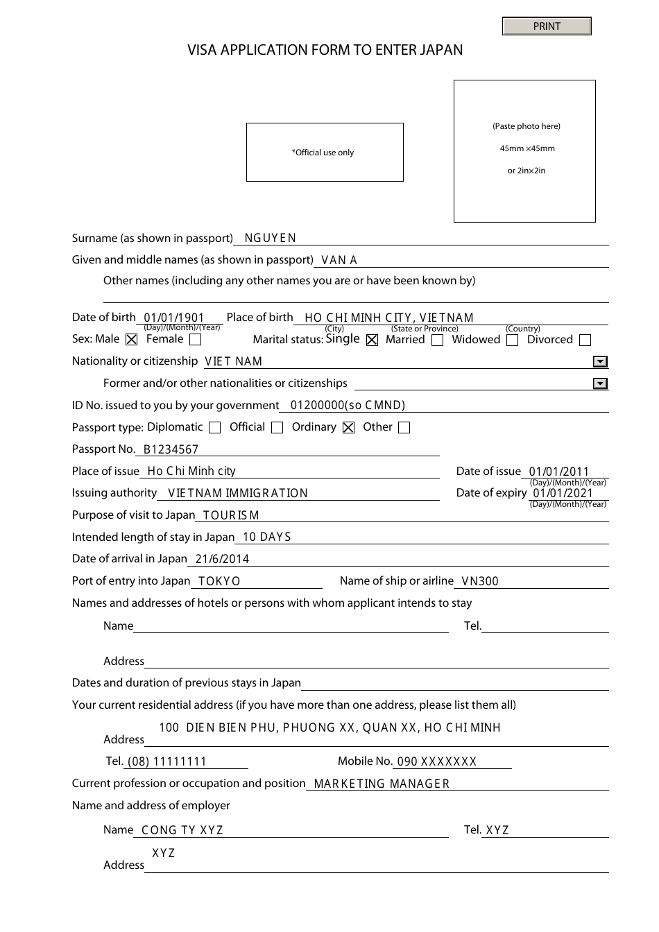 Viet Nam Japan Visa Application Form Fill Out Sign Online And Download PDF Templateroller