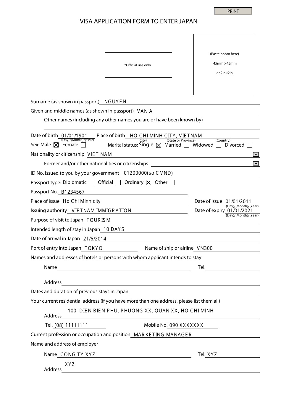 Japan Visa Application Form - Viet Nam, Page 1