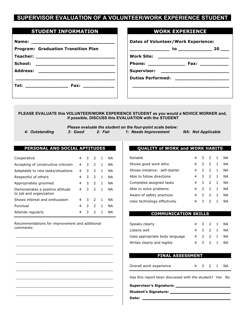 Student Self-evaluation of Volunteer / Work Experience Form - Oak Bay ...