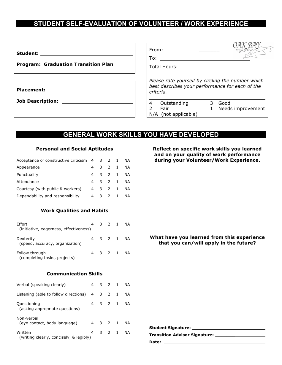 Student Self evaluation Of Volunteer Work Experience Form Oak Bay 