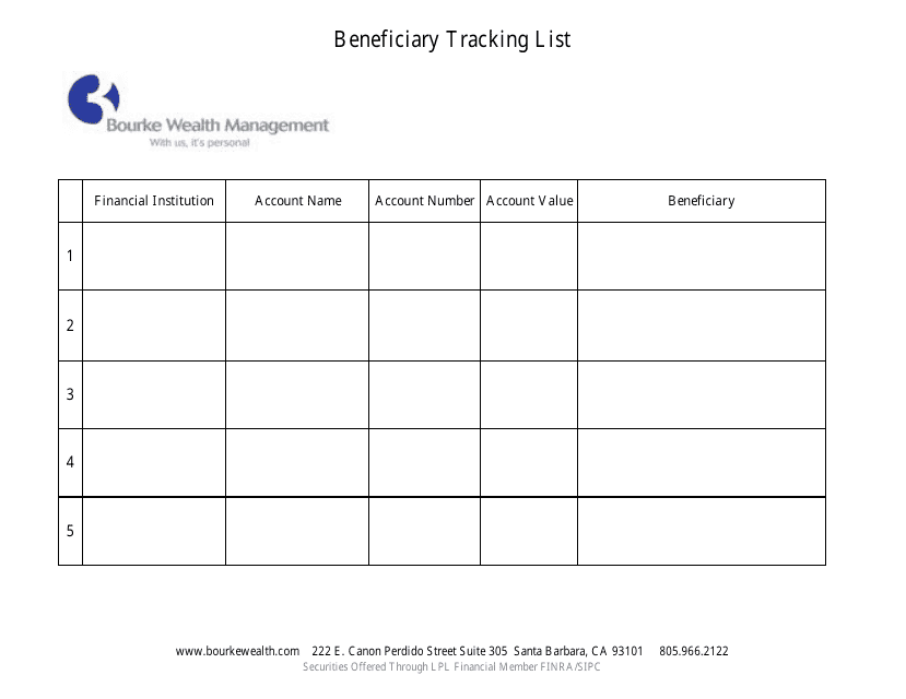 Beneficiary Tracking List Template - Bourke Wealth Management