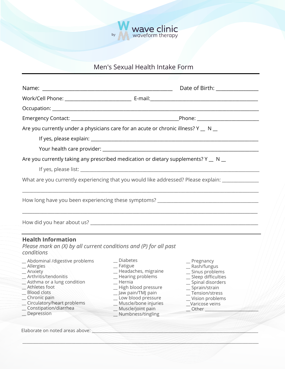 Mens Sexual Health Intake Form Wave Clinic Fill Out Sign Online And Download Pdf
