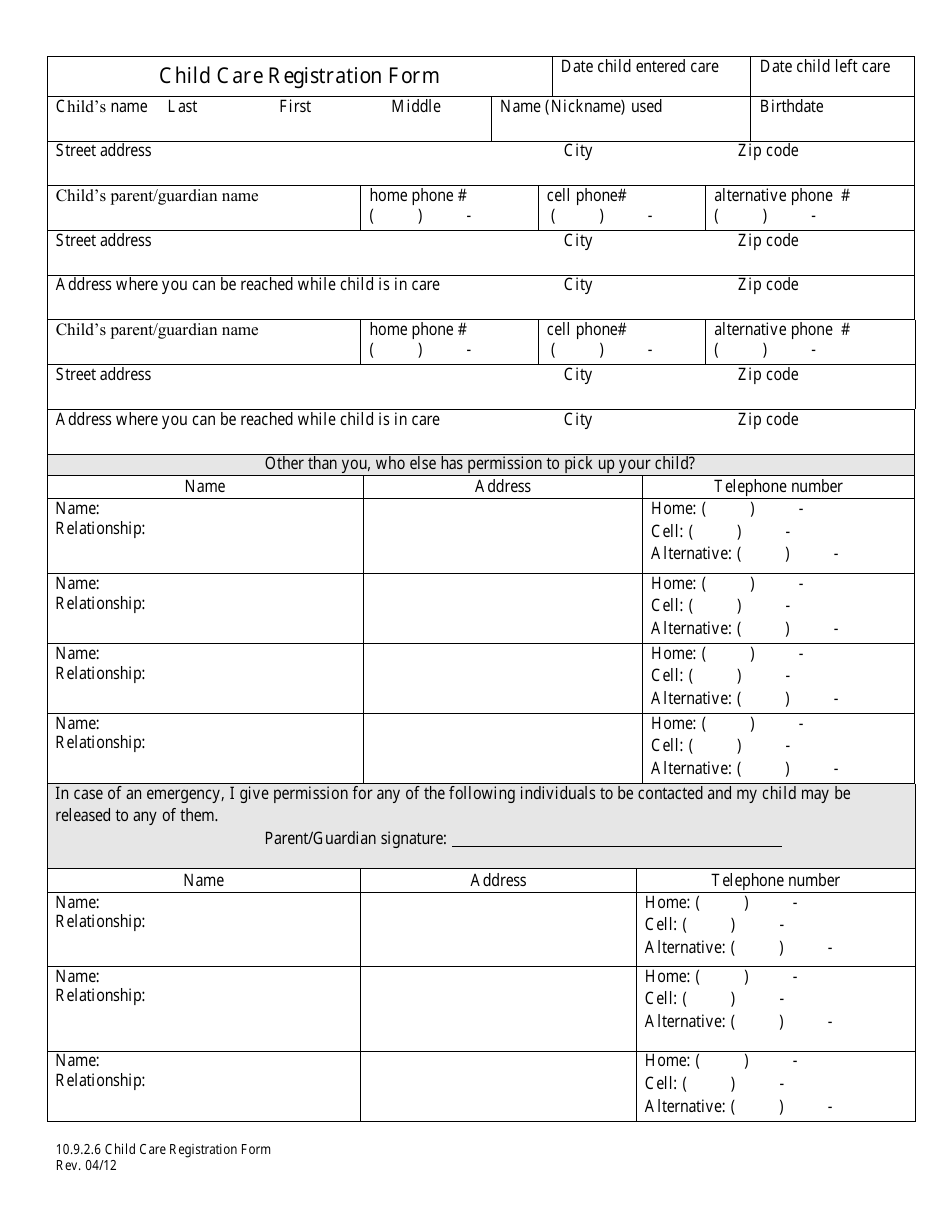 Child Care Registration Form - Washington, Page 1