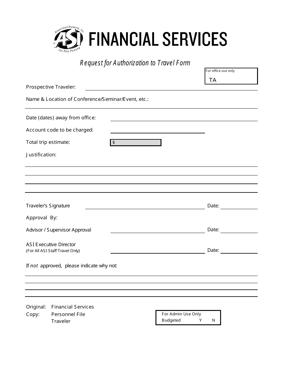 Request for Authorization to Travel Form - Asi Financial Services, Page 1