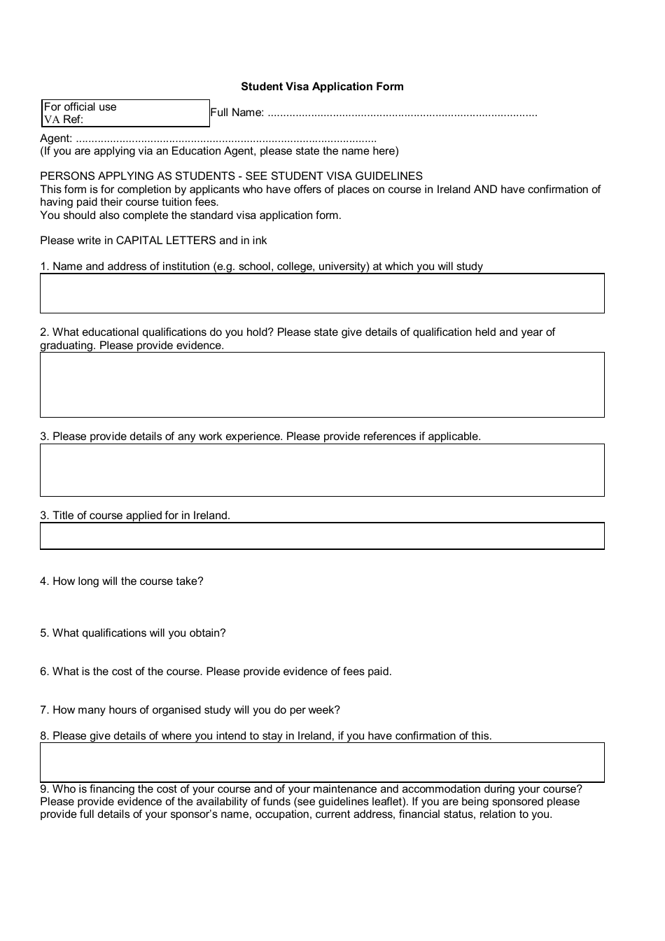 Ireland Student Visa Application Form, Page 1