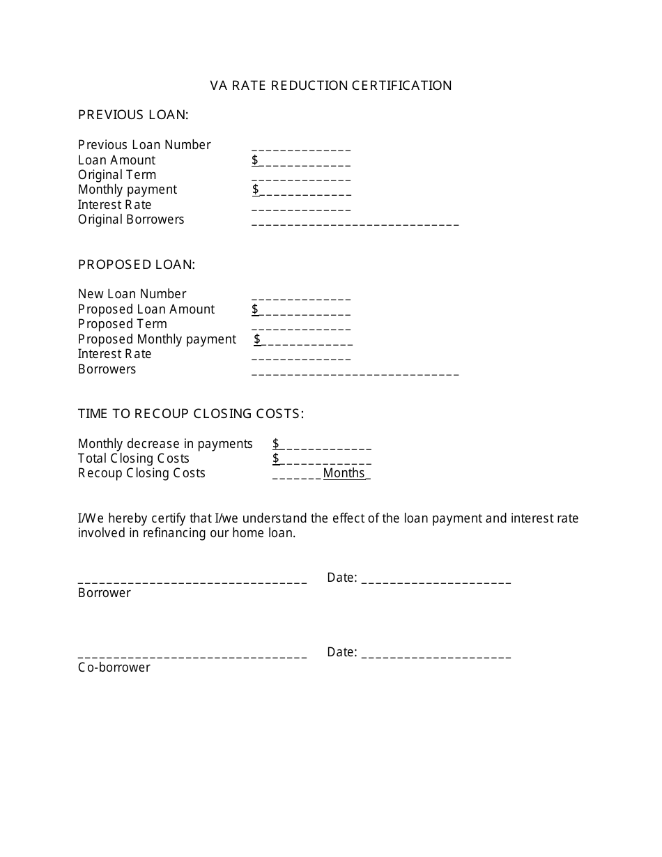 VA Rate Reduction Certification Form, Page 1