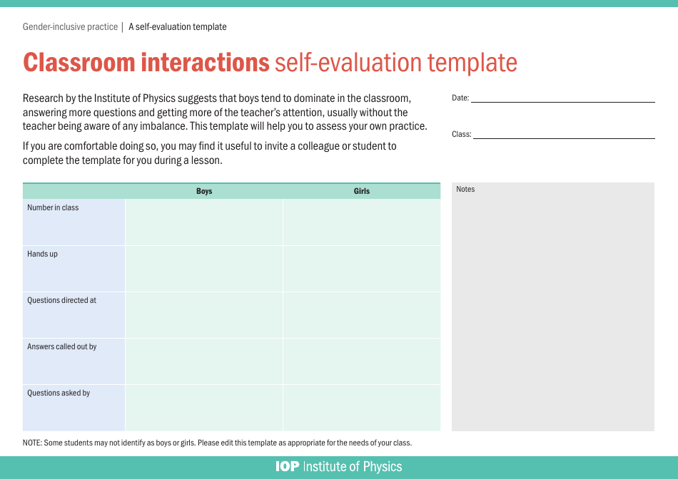 Classroom Interactions Self-evaluation Template - Institute of Physics, Page 1