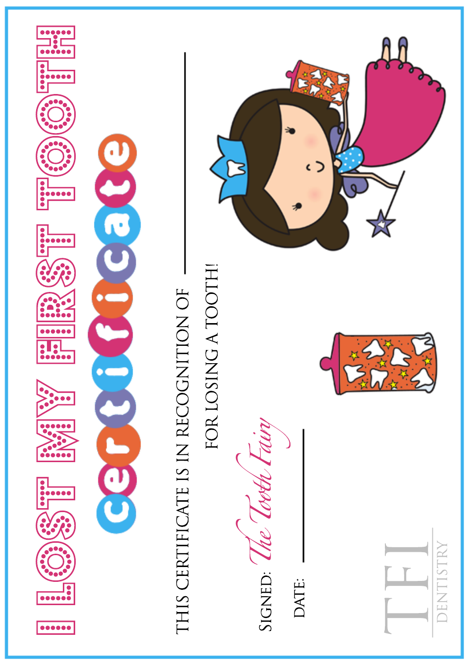 First Tooth Certificate - Tooth Fairy - Tfi Dentistry Download ...