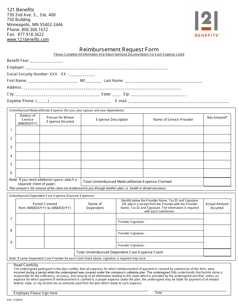 Reimbursement Request Form - 121 Benefits, Page 1