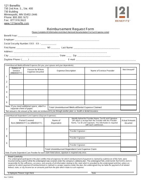 Reimbursement Request Form - 121 Benefits Download Pdf