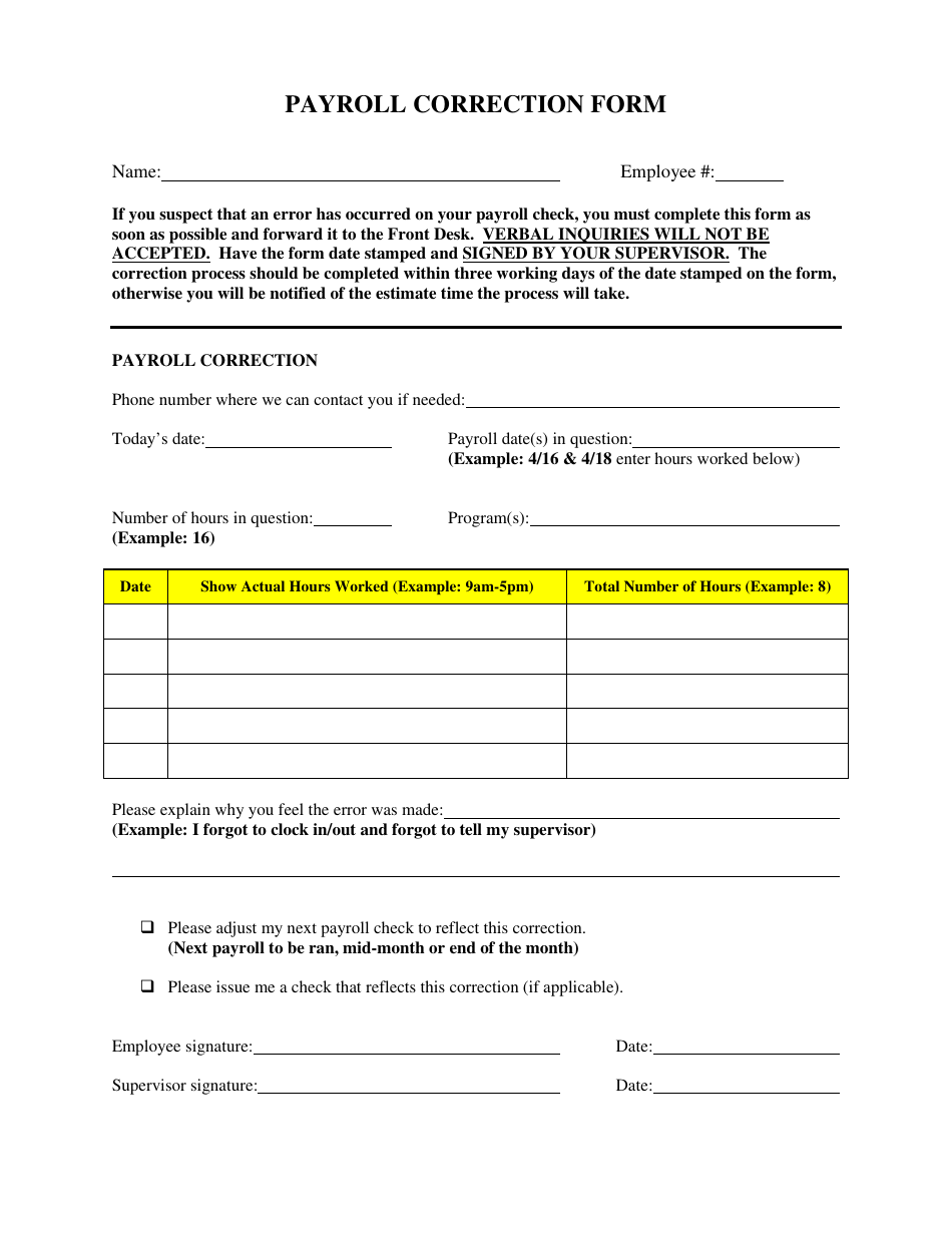 Payroll Correction Form Download Printable PDF | Templateroller