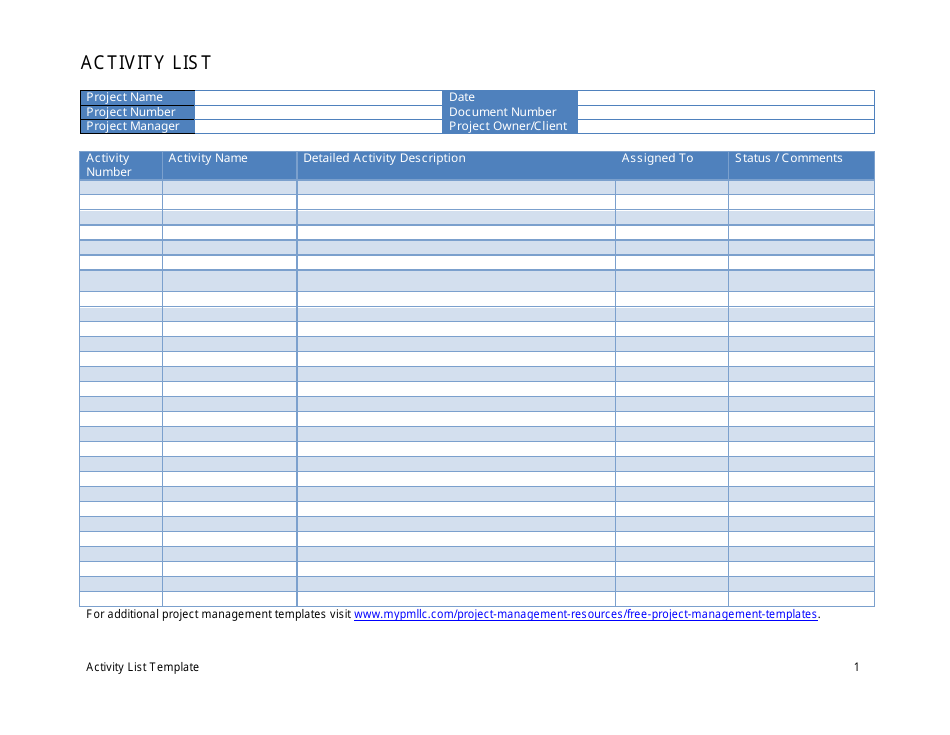 Activity List Template Download Printable PDF | Templateroller