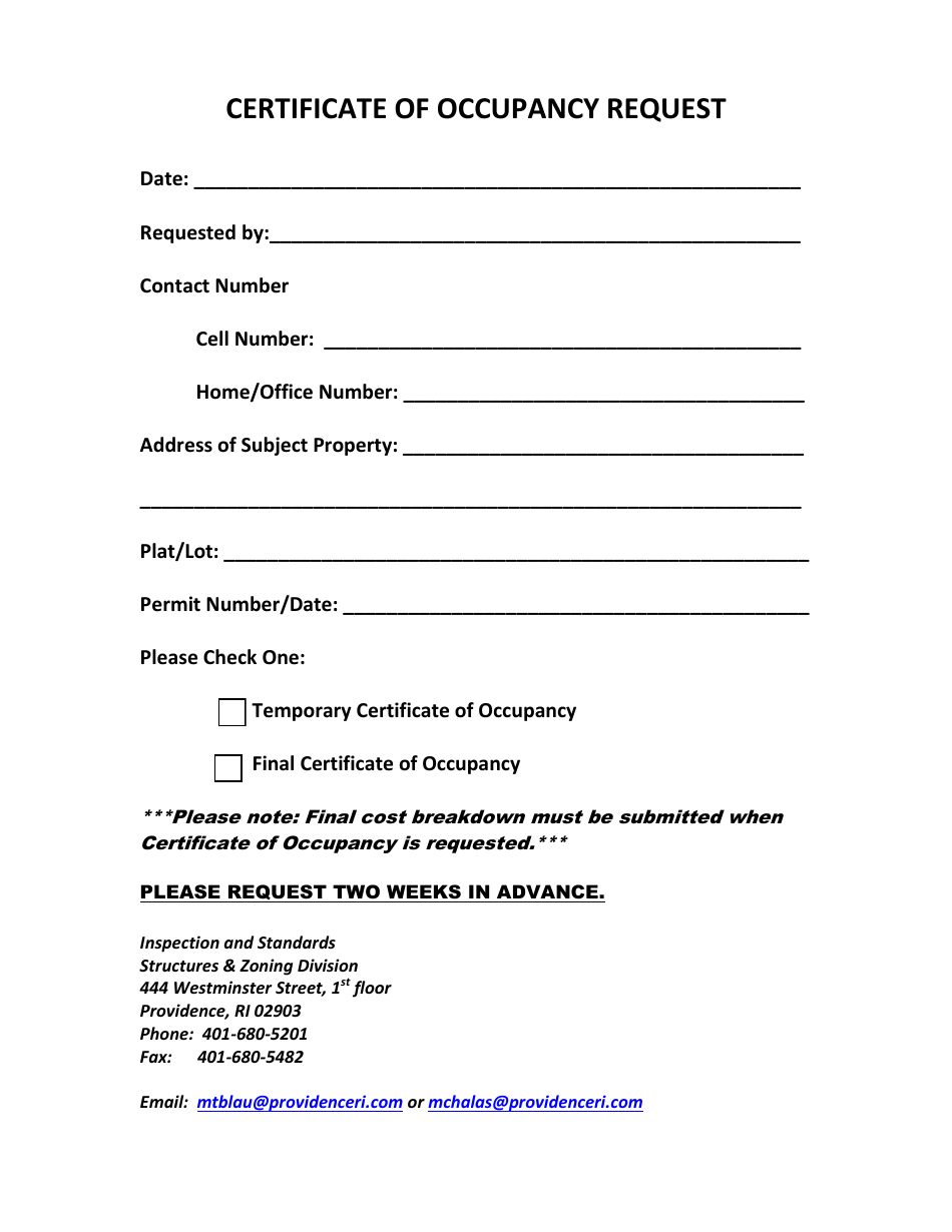 Certificate of Occupancy Request Form - City of Providence, Rhode Island, Page 1
