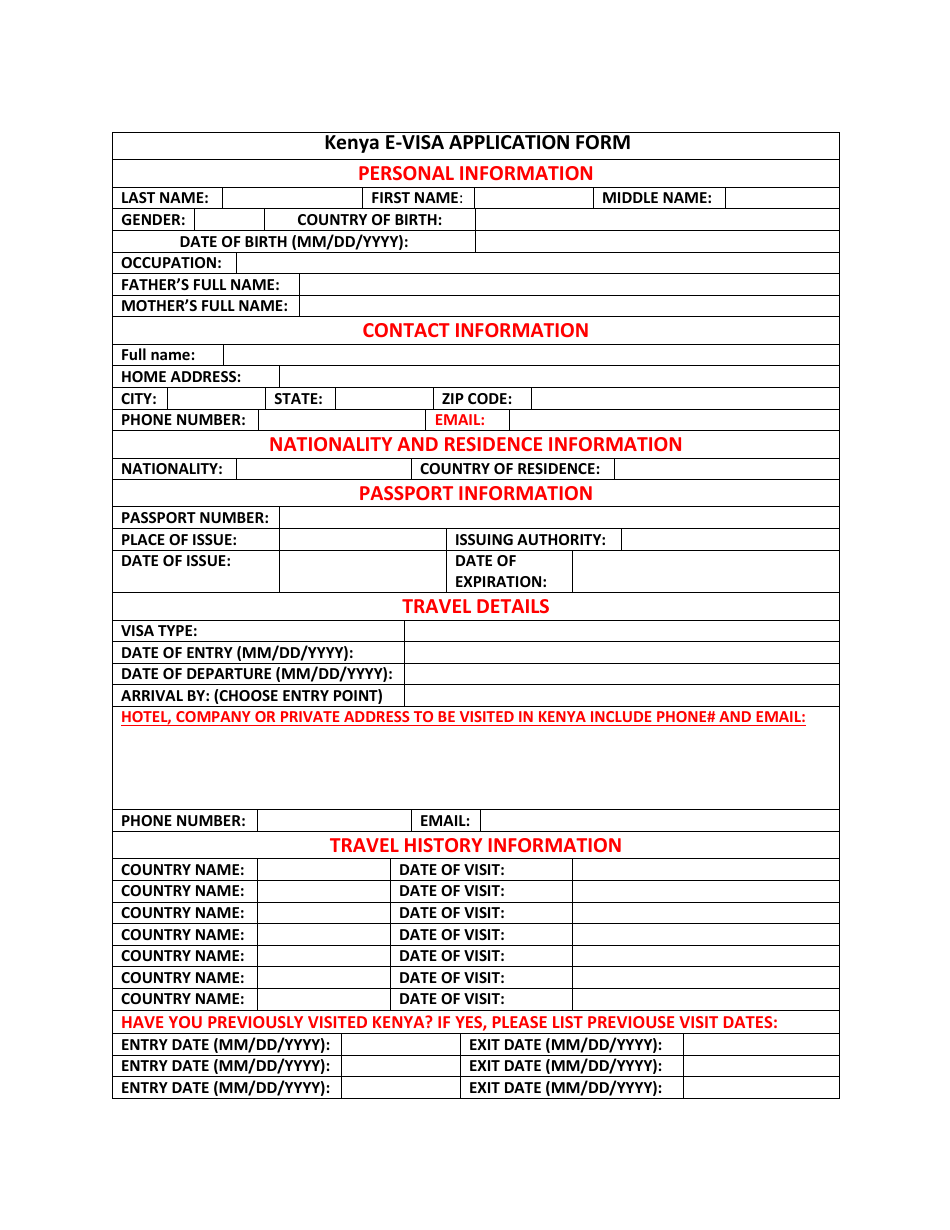 Kenya E-Visa Application Form, Page 1