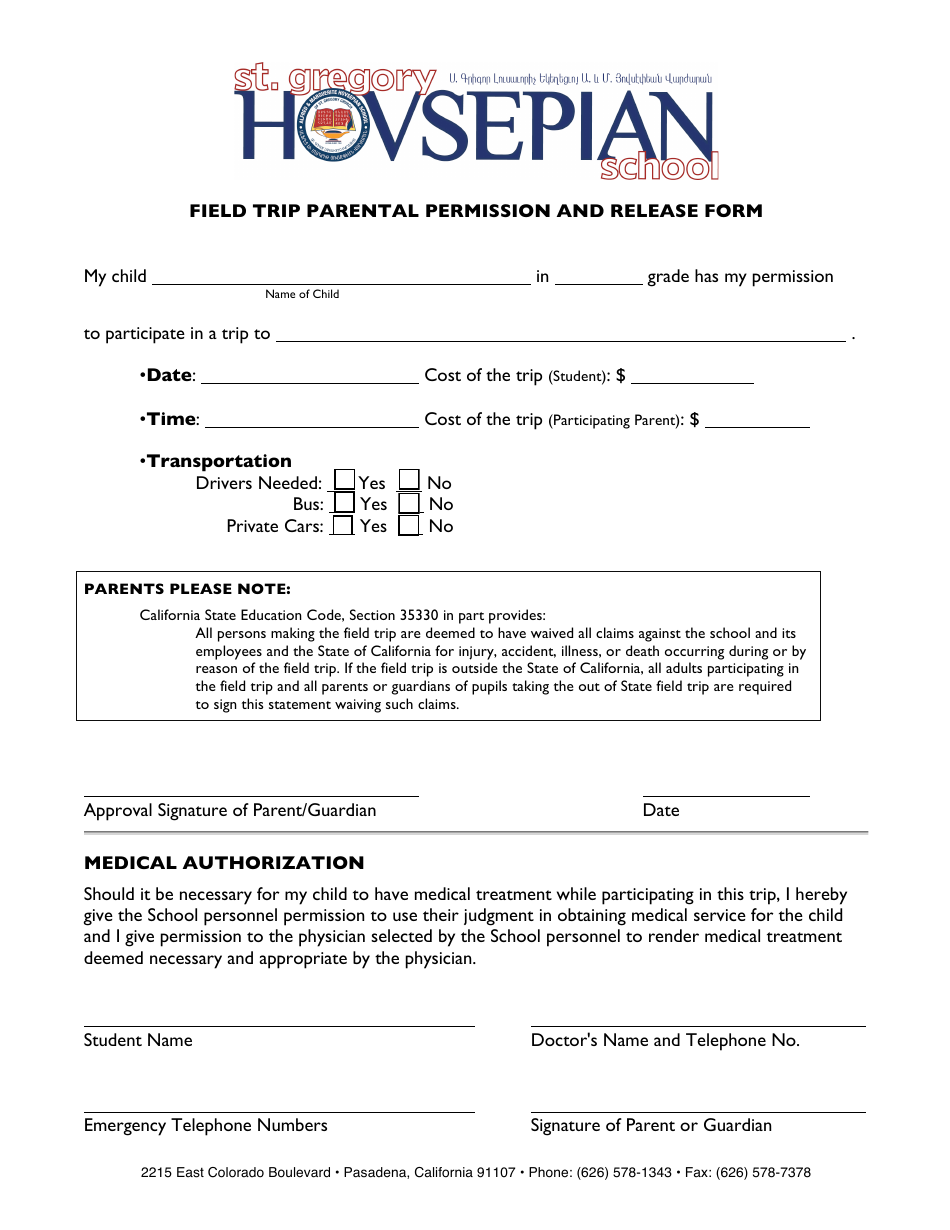 Field Trip Parental Permission and Release Form - St. Gregory Hovsepian School - California, Page 1