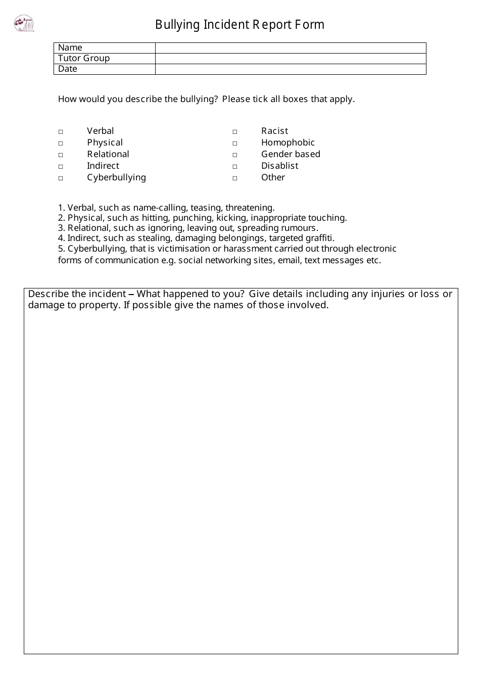 Bullying Incident Report Form Fill Out, Sign Online and Download PDF