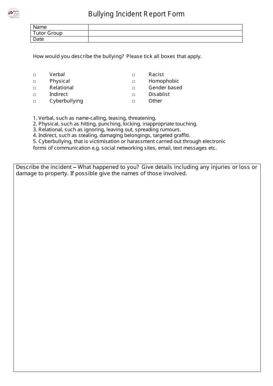 Bullying Incident Report Form, Page 1