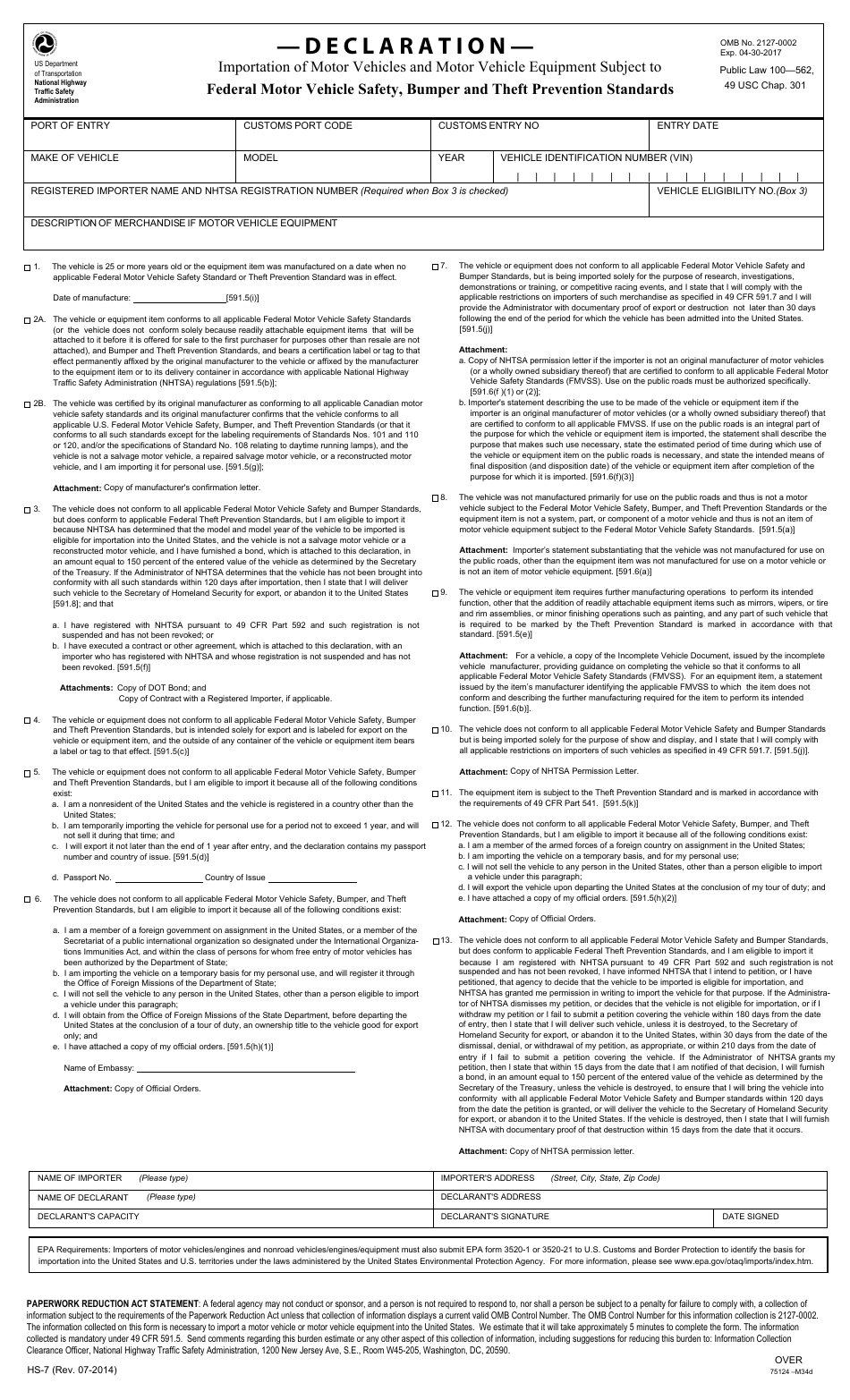 Form HS-7 Declaration of Importation of Motor Vehicles and Motor Vehicle Equipment Subject to Federal Motor Vehicle Safety, Bumper and Theft Prevention Standards, Page 1