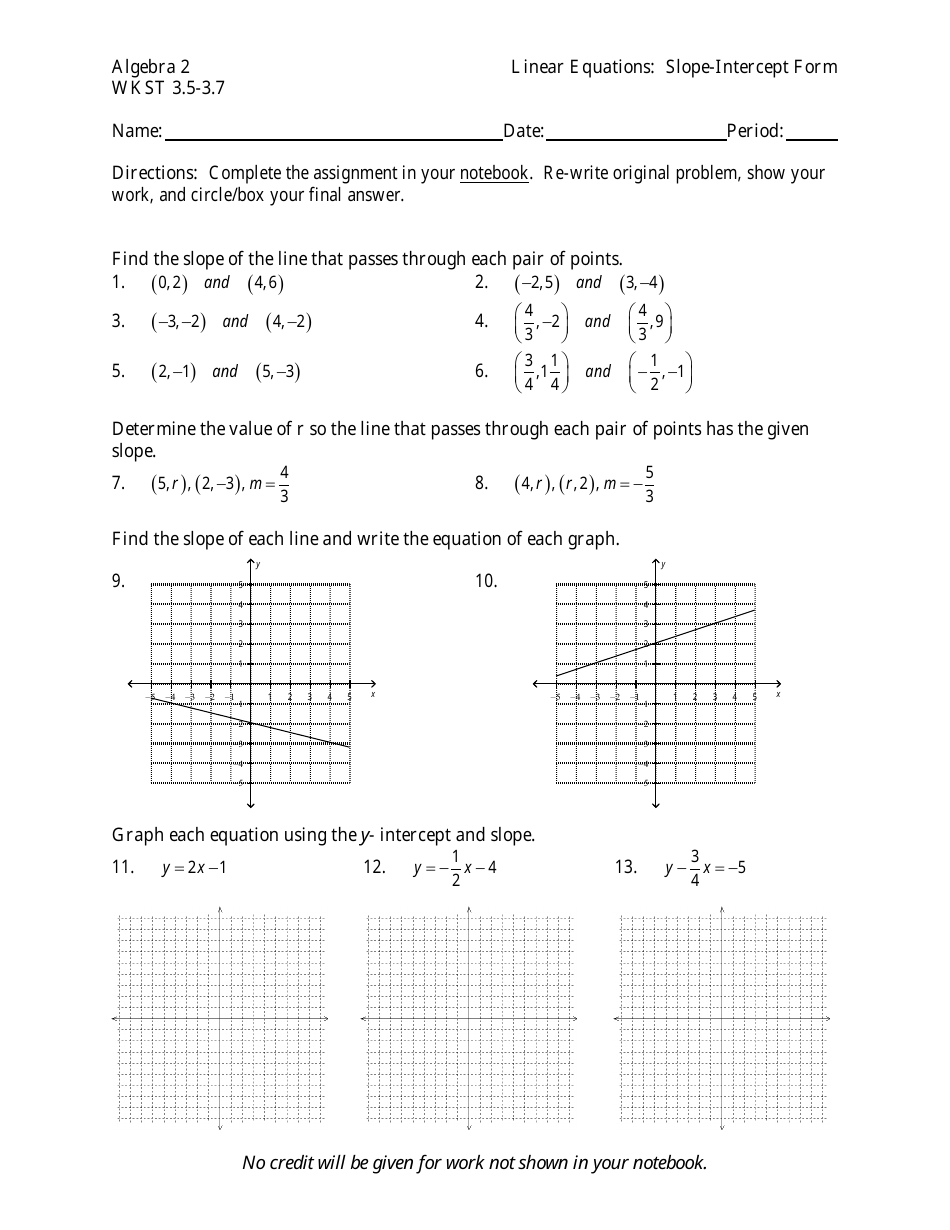 Algebra 22 Wkst 22.22-22.22 Linear Equations in Slope-Intercept Form For Linear Equation Worksheet Pdf