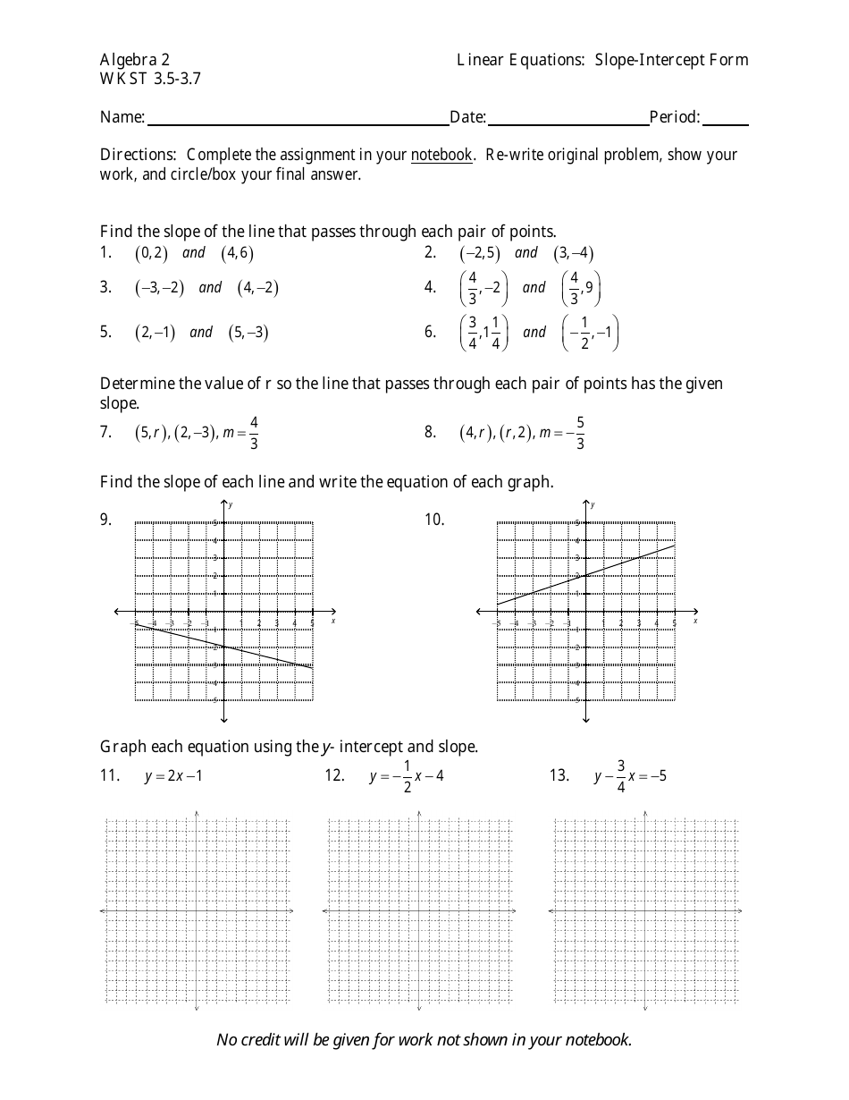 Algebra 2 Wkst 3.5-3.7 Linear Equations in Slope-Intercept Form Worksheet With Answers, Page 1