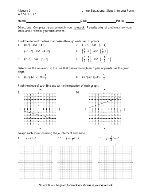 Algebra 2 Wkst 35 37 Linear Equations In Slope Intercept Form Worksheet With Answers Download 