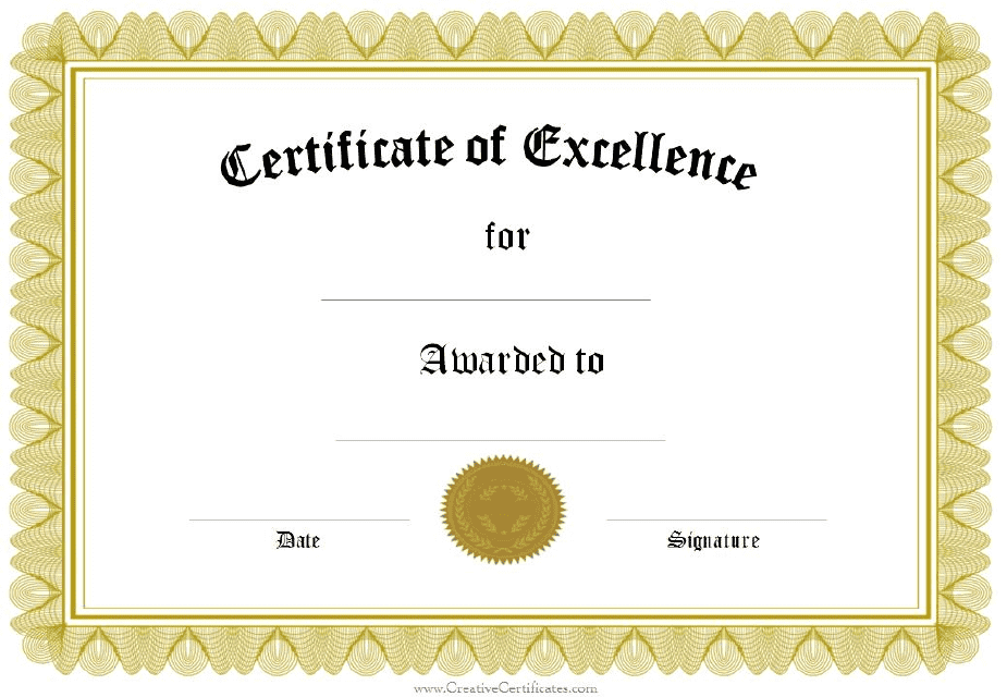 Certificate of Excellence Template - Yellow