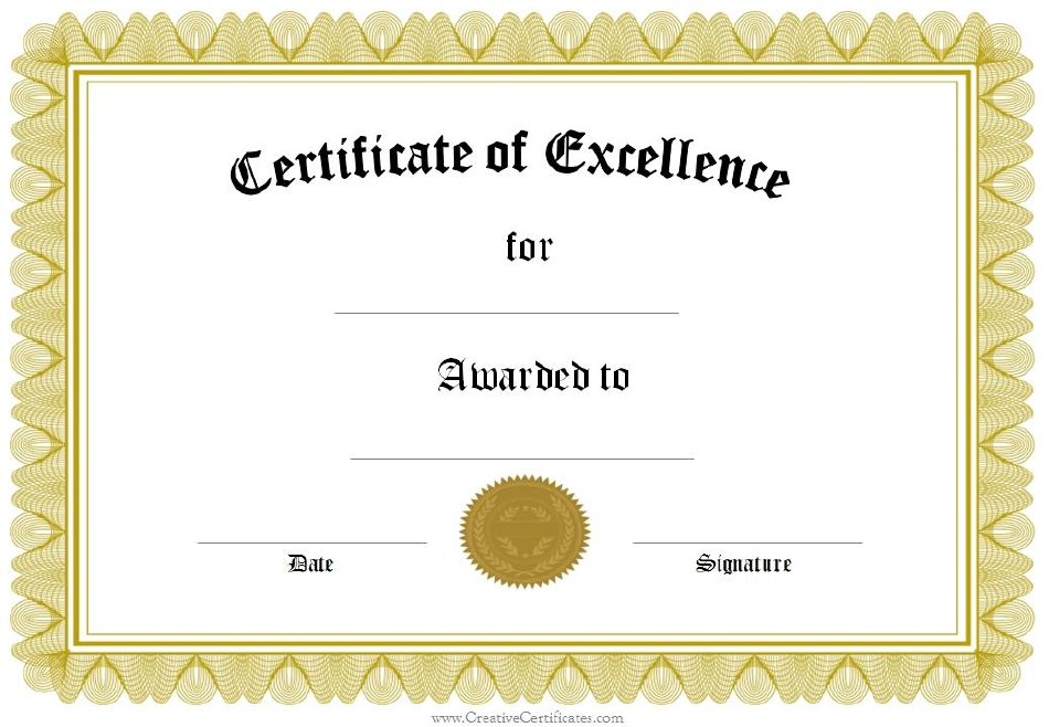 Certificate of Excellence Template - Yellow