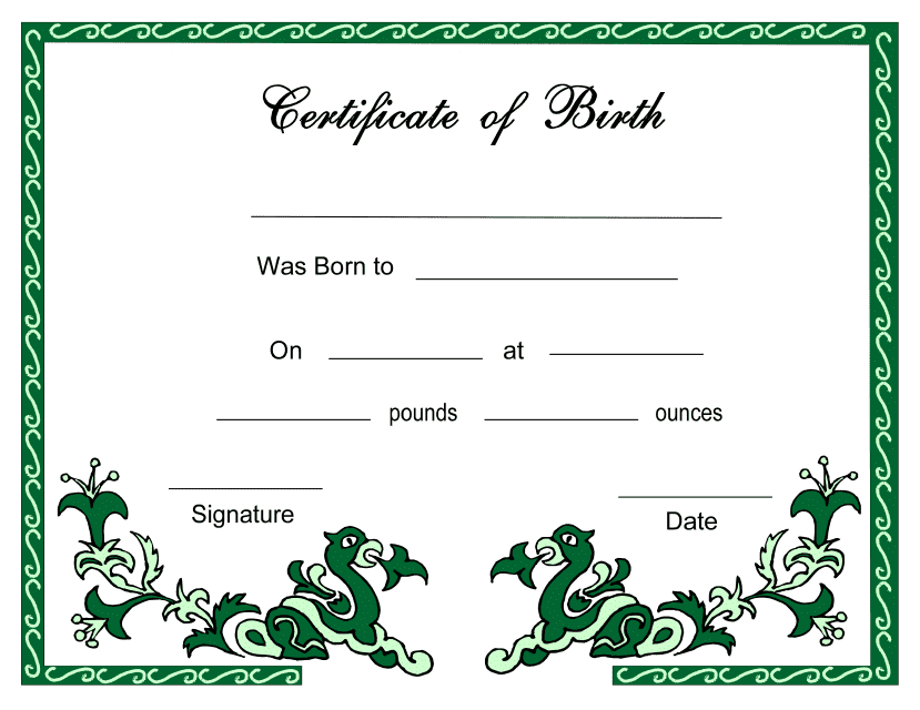 &quot;Green Birth Certificate Template&quot; Download Pdf