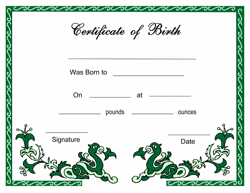 Green Birth Certificate Template - customizable design