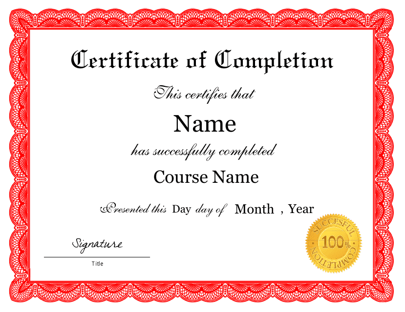 Red Certificate of Completion Template