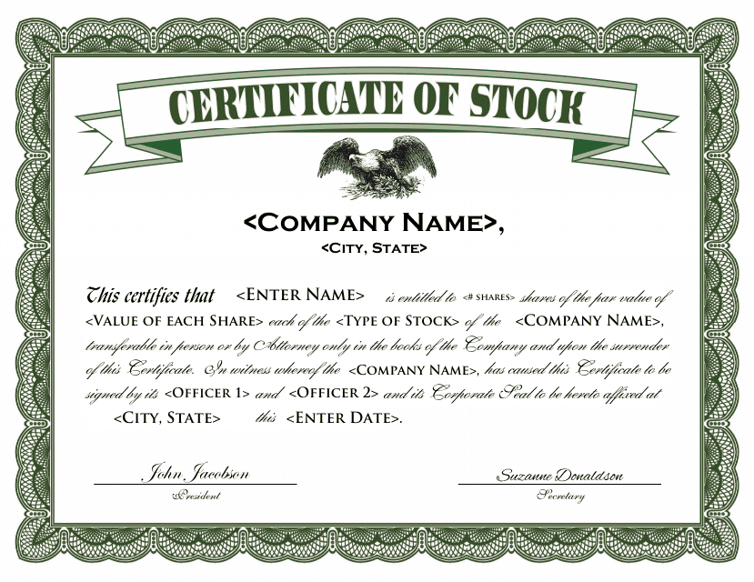 Stock Certificate Template - Dark Green