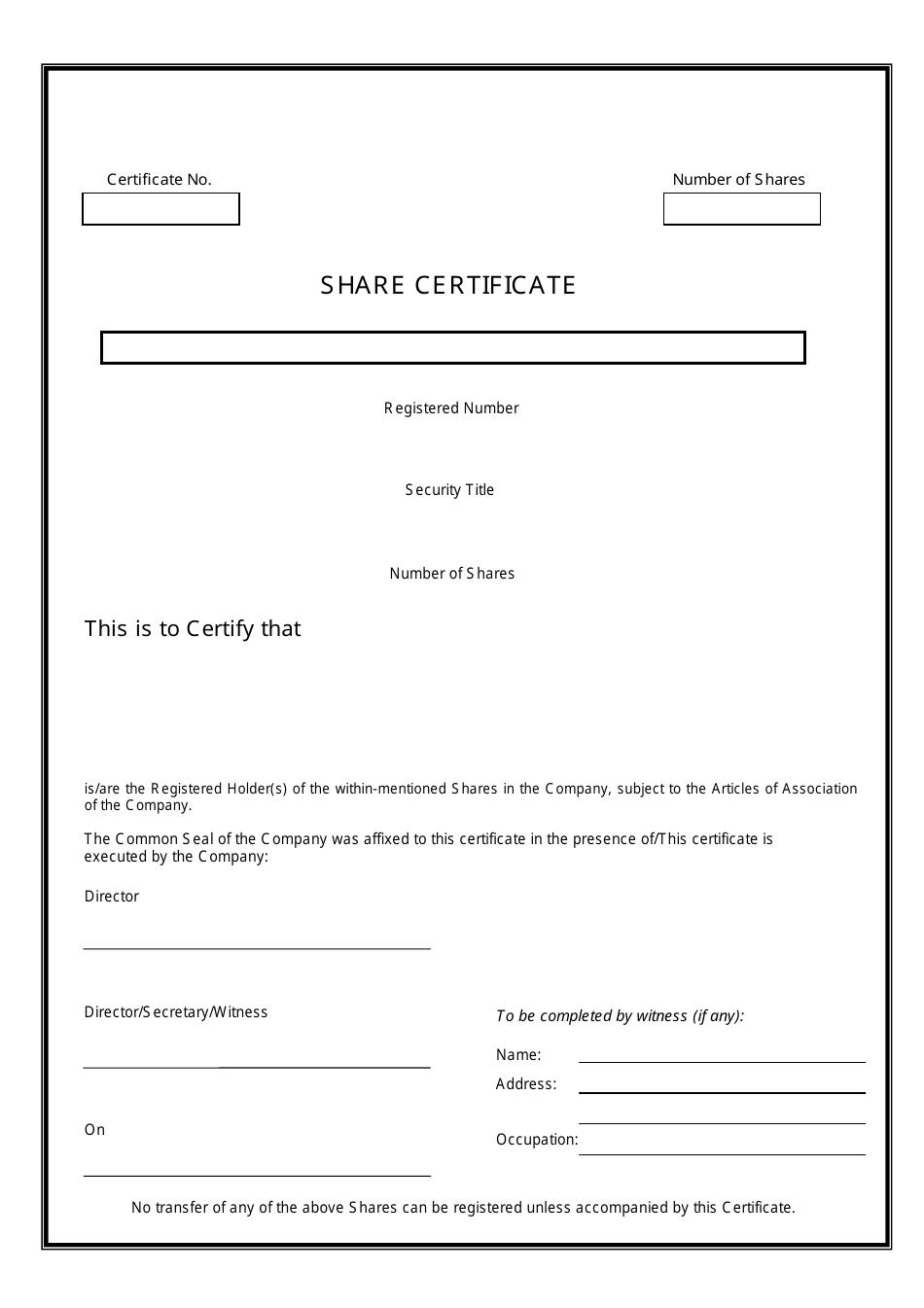 Share Certificate Form, Page 1
