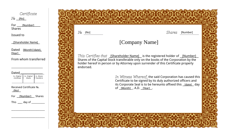 Stock Share Certificate Template Image Preview