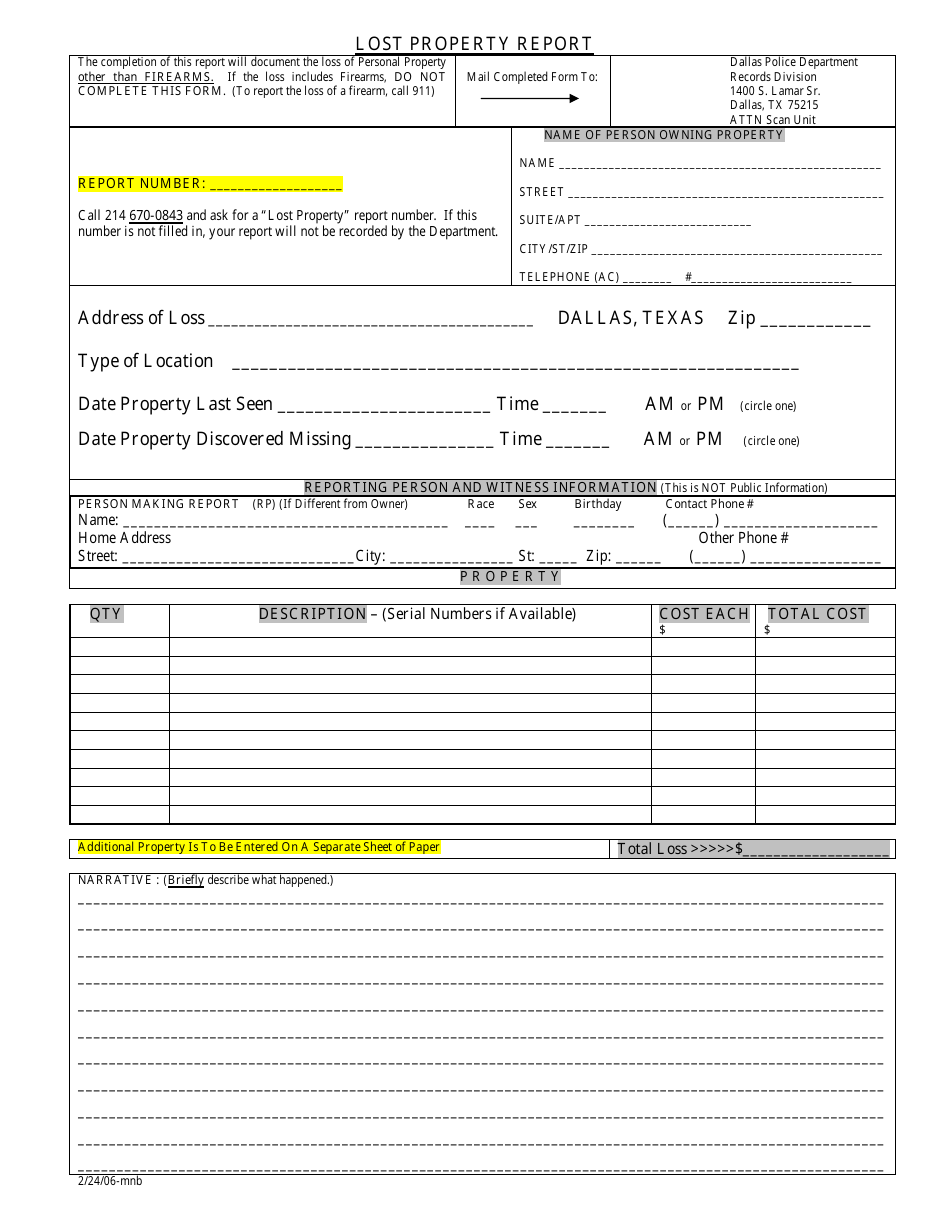 Lost Property Report Form - Dallas, Texas, Page 1
