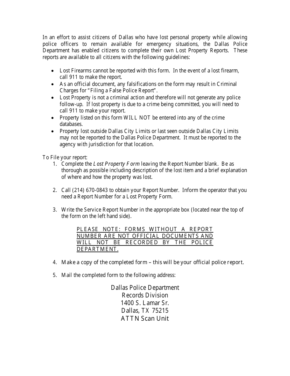 Lost Property Report Form - Dallas, Texas, Page 2