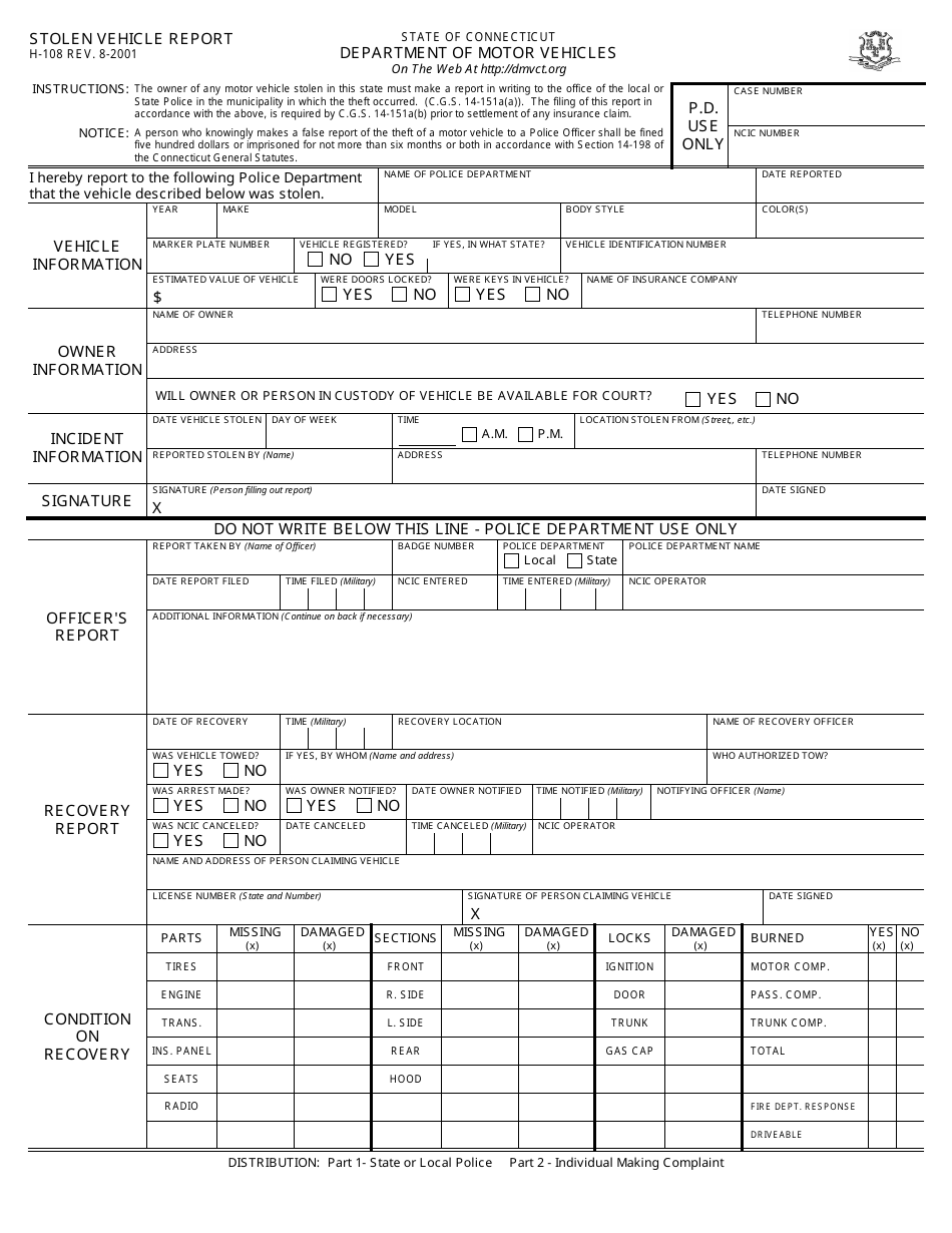 Form H-108 Stolen Vehicle Report - Connecticut, Page 1