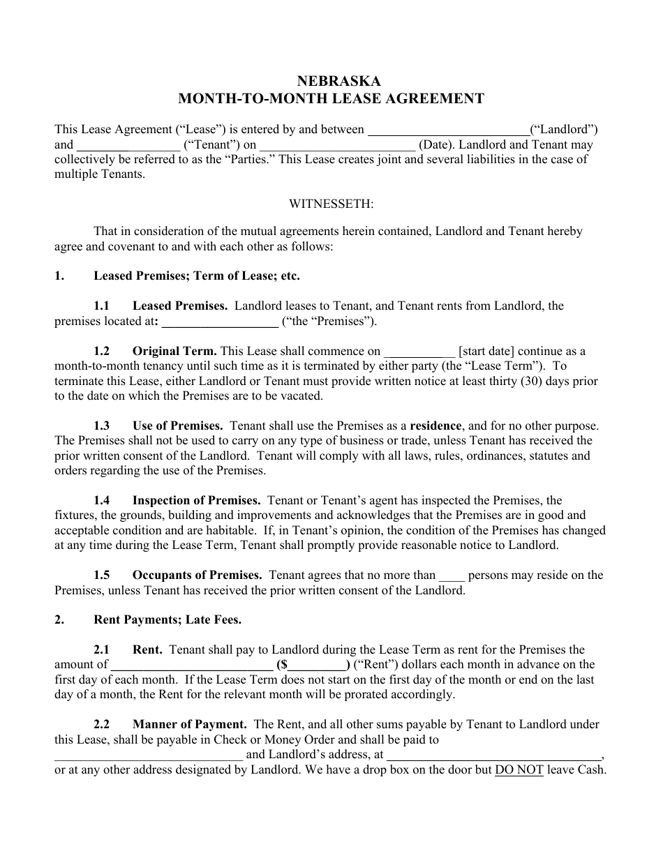 Month-To-Month Lease Agreement Form - Nebraska, Page 1