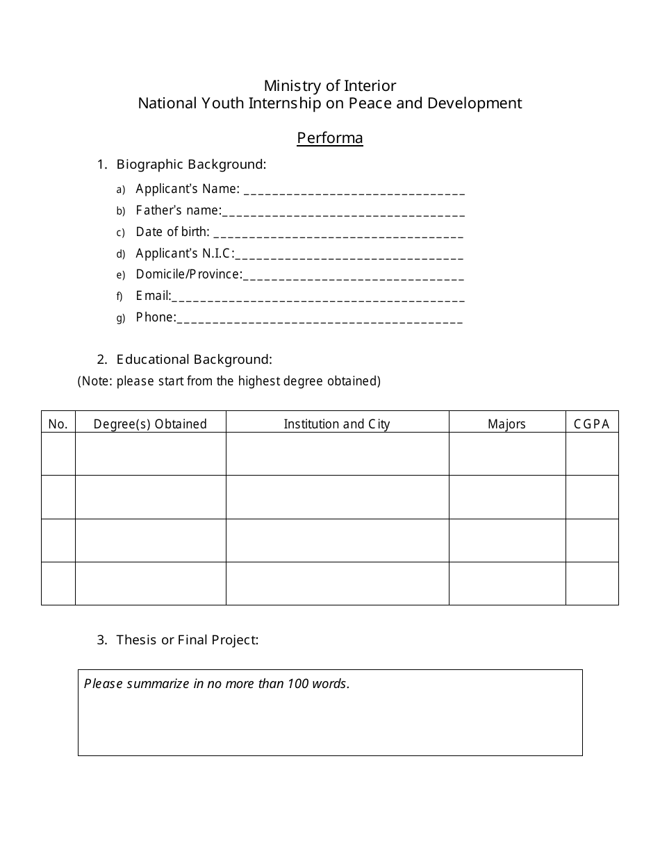 Application Form for Performa National Youth Internship on Peace and Development - Pakistan, Page 1