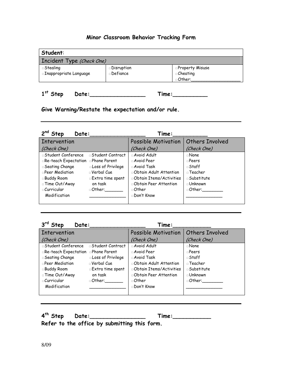 Minor Classroom Behavior Tracking Form, Page 1