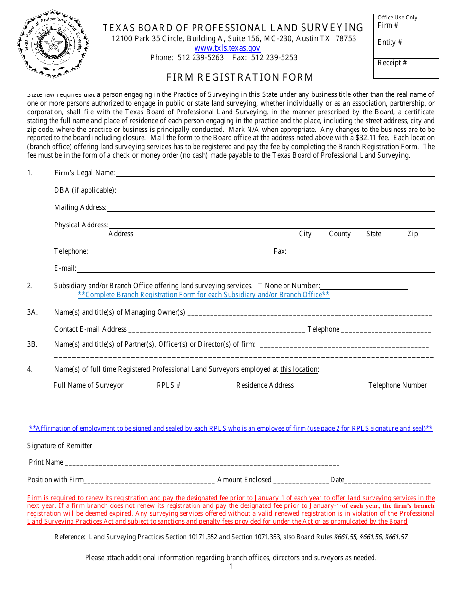 Firm Registration Form - Texas, Page 1