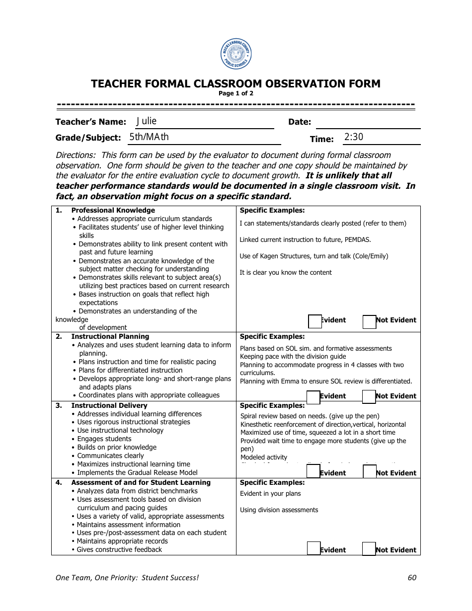 Teacher Formal Classroom Observation Form - Mecklenburg County Public Schools, Page 1