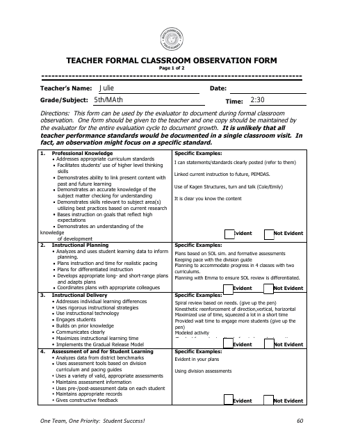 Teacher Formal Classroom Observation Form - Mecklenburg County Public Schools Download Pdf